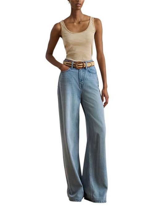 canotta donna rigata bianco e cammello Ralph Lauren | 200P09099001